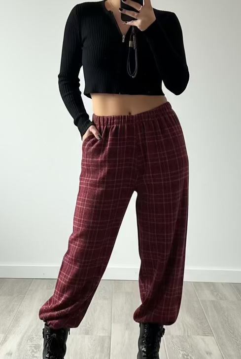 PANTALÓN BALLOON CUADROS BURDEOS